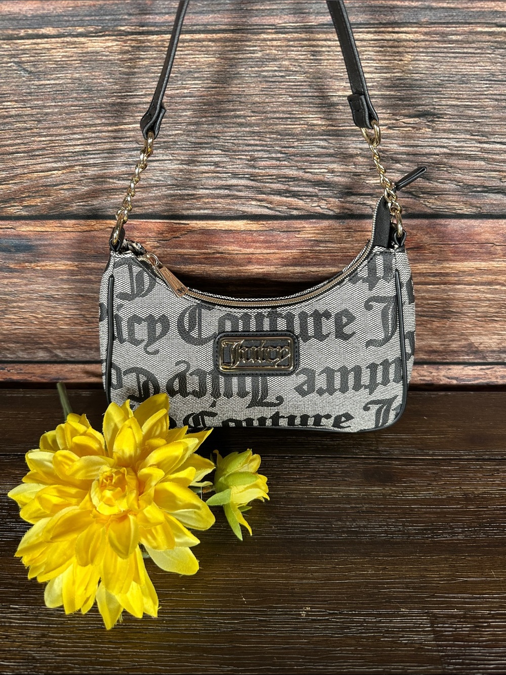 Juicy Couture Black & Gray Logo Jacquard Mini Bag with Gold Accents